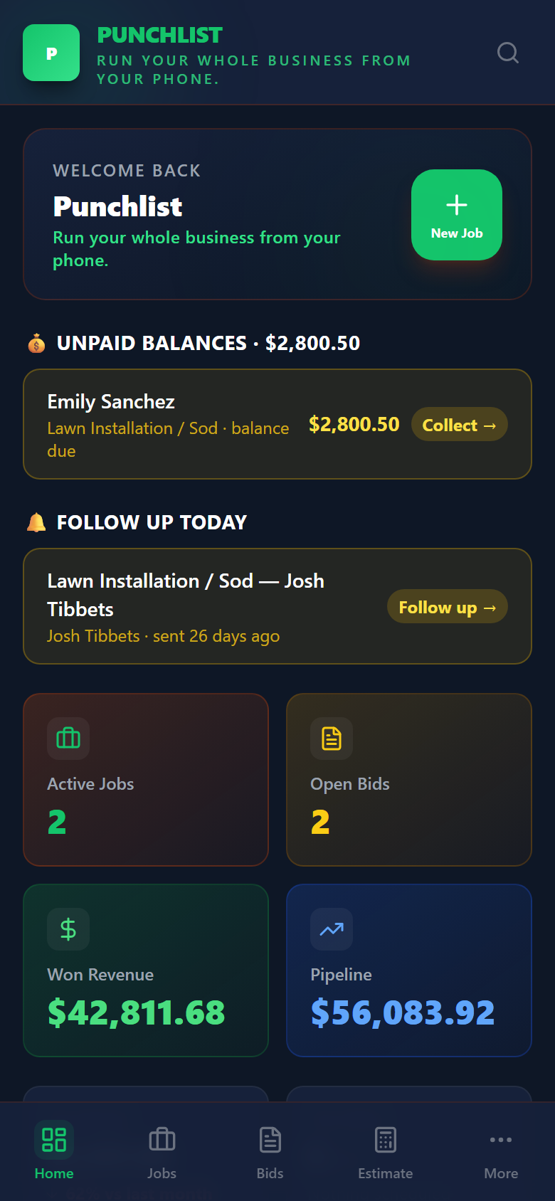 Punchlist dashboard showing the job pipeline