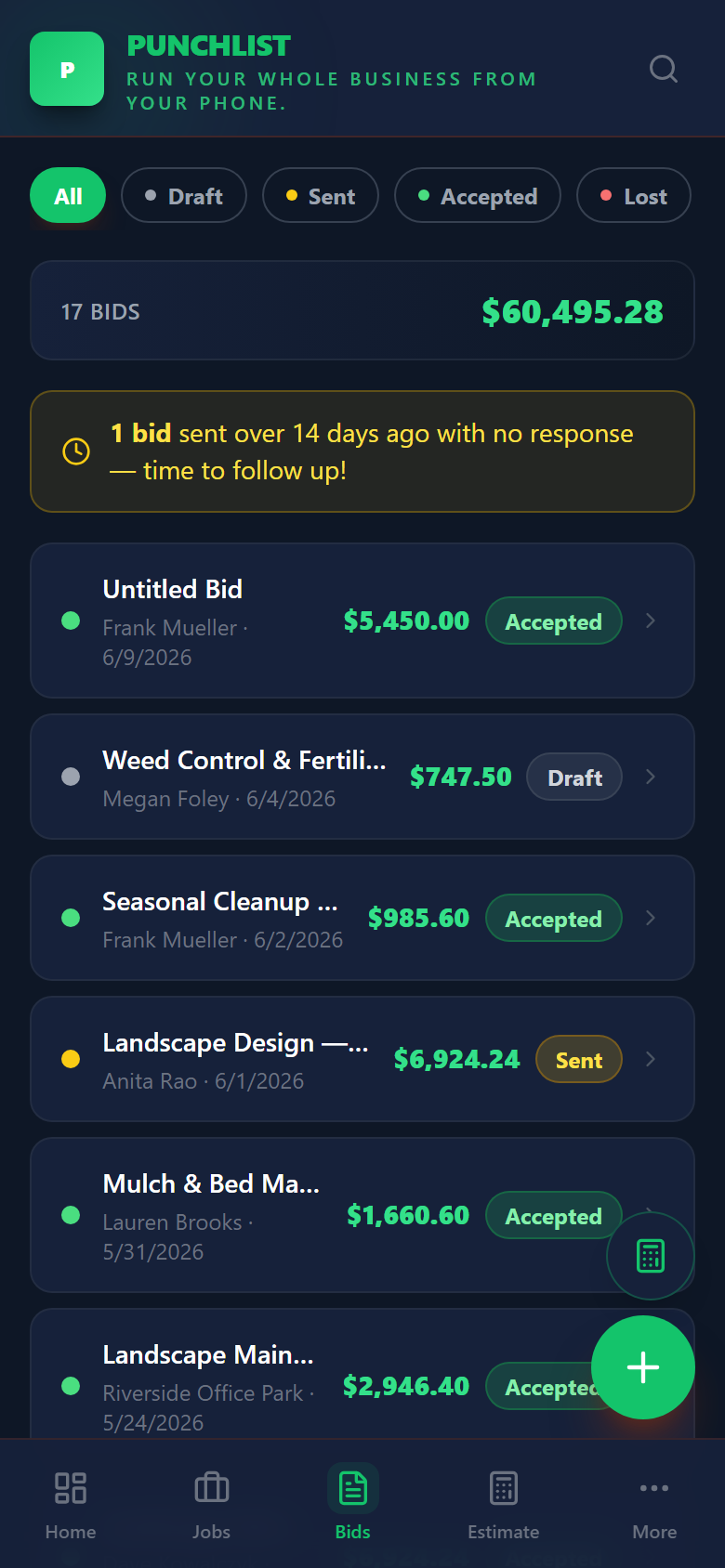 Punchlist bid builder with line items and total